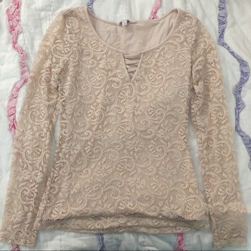 Candie’s Light Pink Cross V-neck Lace Long Sleeve